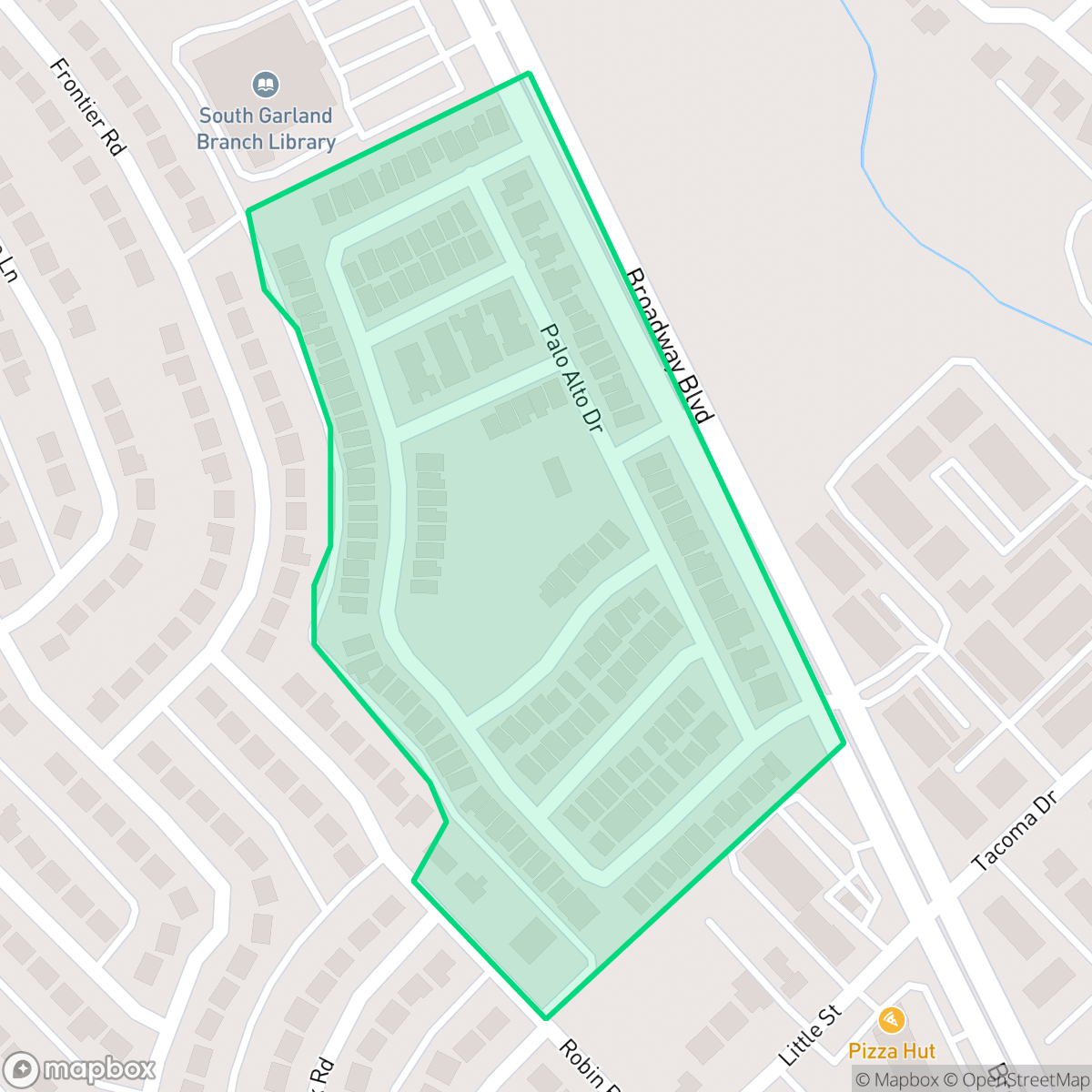 Map showing the location of Broadway Village, Garland, TX
