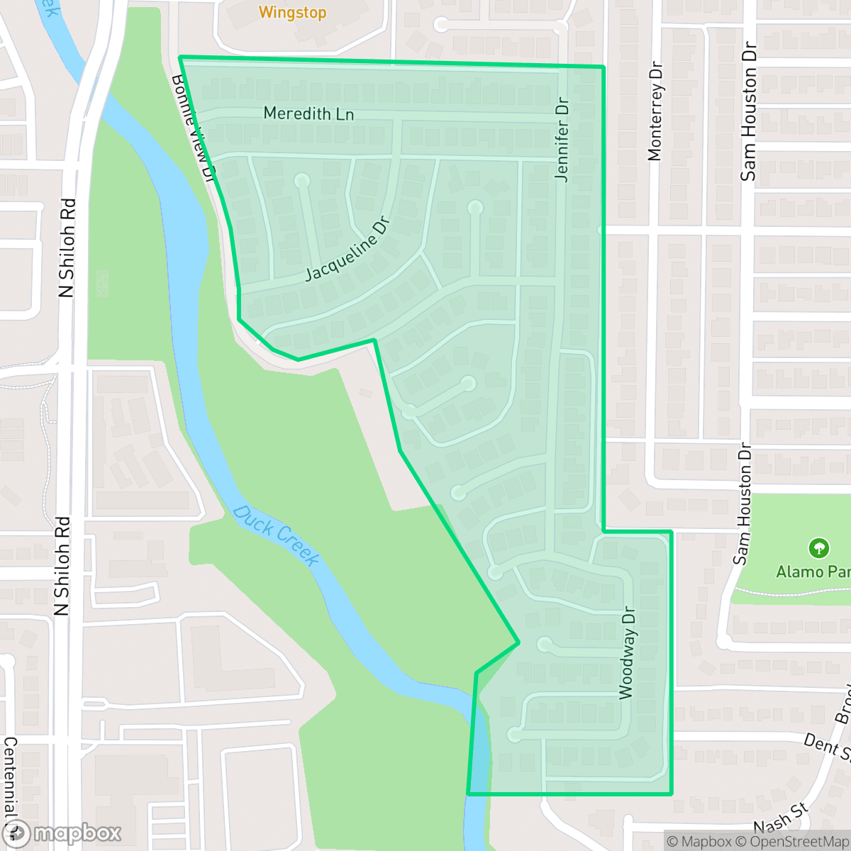 Map showing the location of Creekside Village, Garland, TX