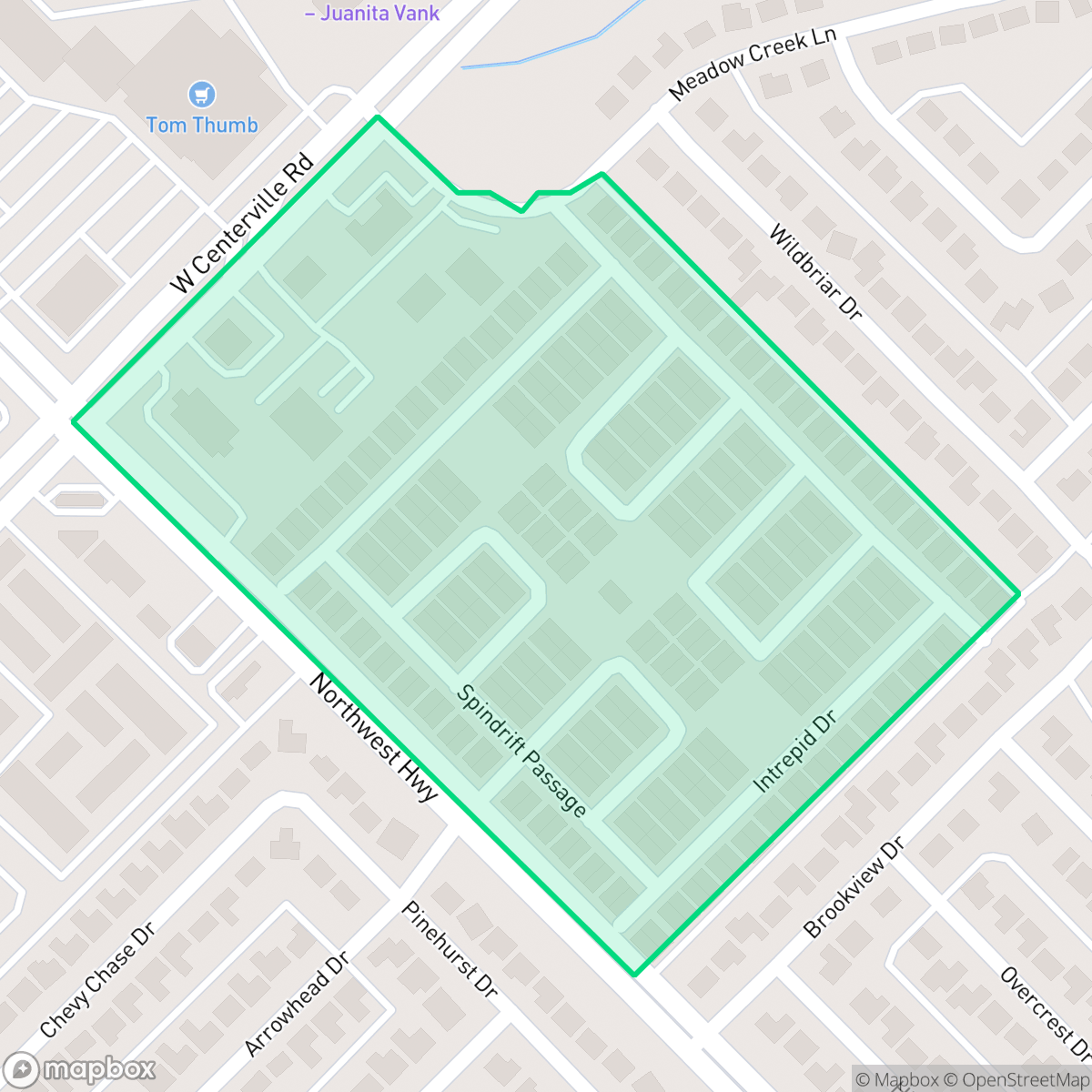 Map showing the location of Meadowcreek Village, Garland, TX