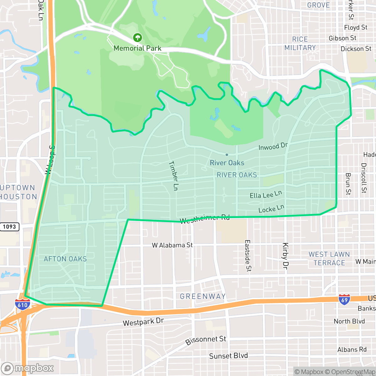 Map showing the location of Afton Oaks - River Oaks Area, Houston, TX