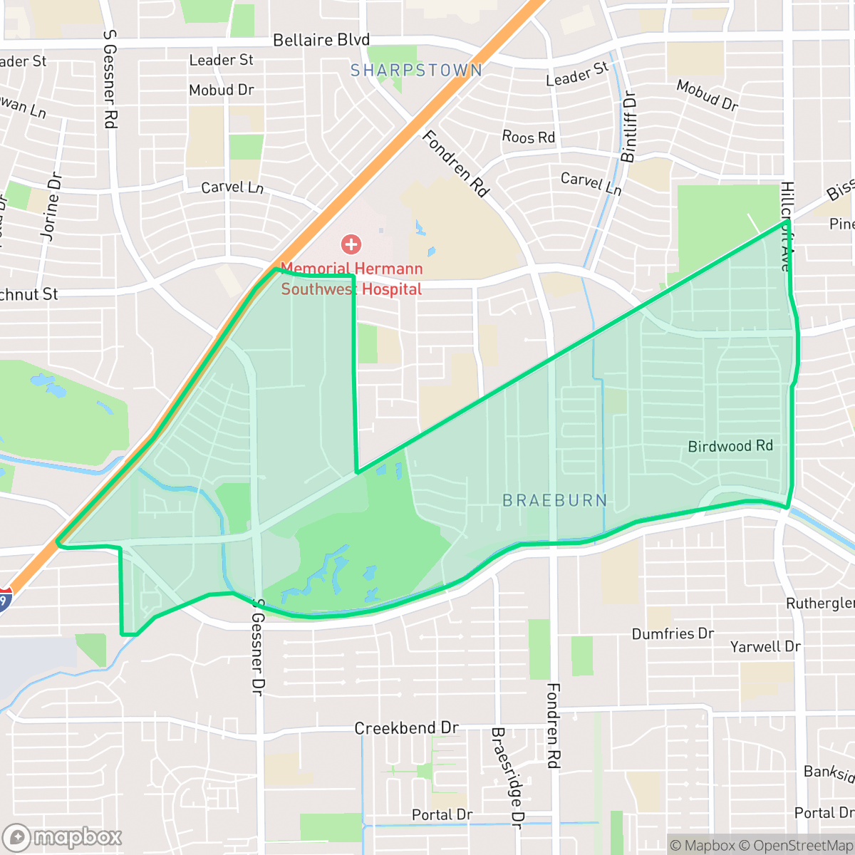 Map showing the location of Braeburn, Houston, TX