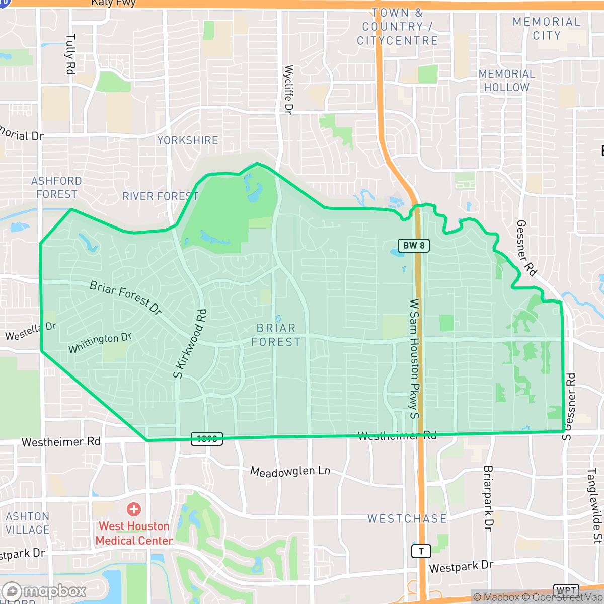 Map showing the location of Briarforest Area, Houston, TX