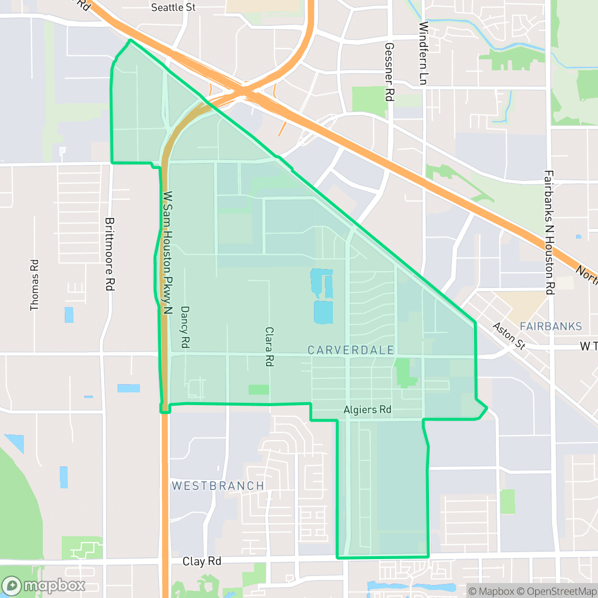 Map showing the location of Carverdale, Houston, TX
