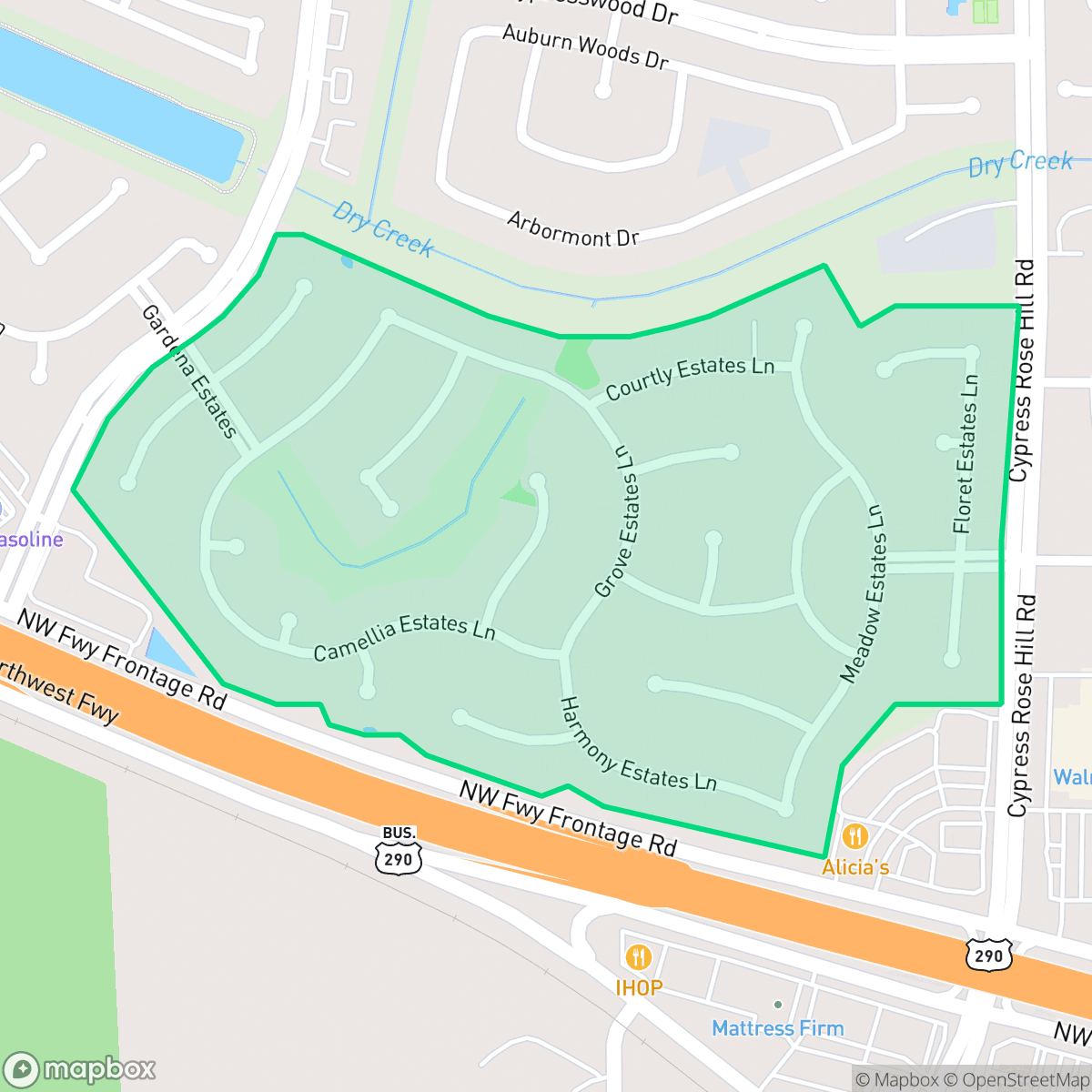 Map showing the location of Cypress Mill Estates, Houston, TX
