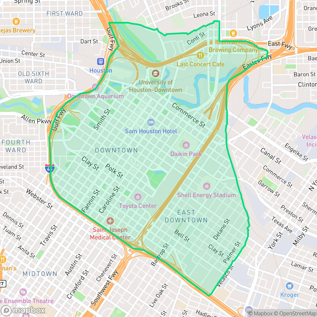 Map showing the location of Downtown, Houston, TX