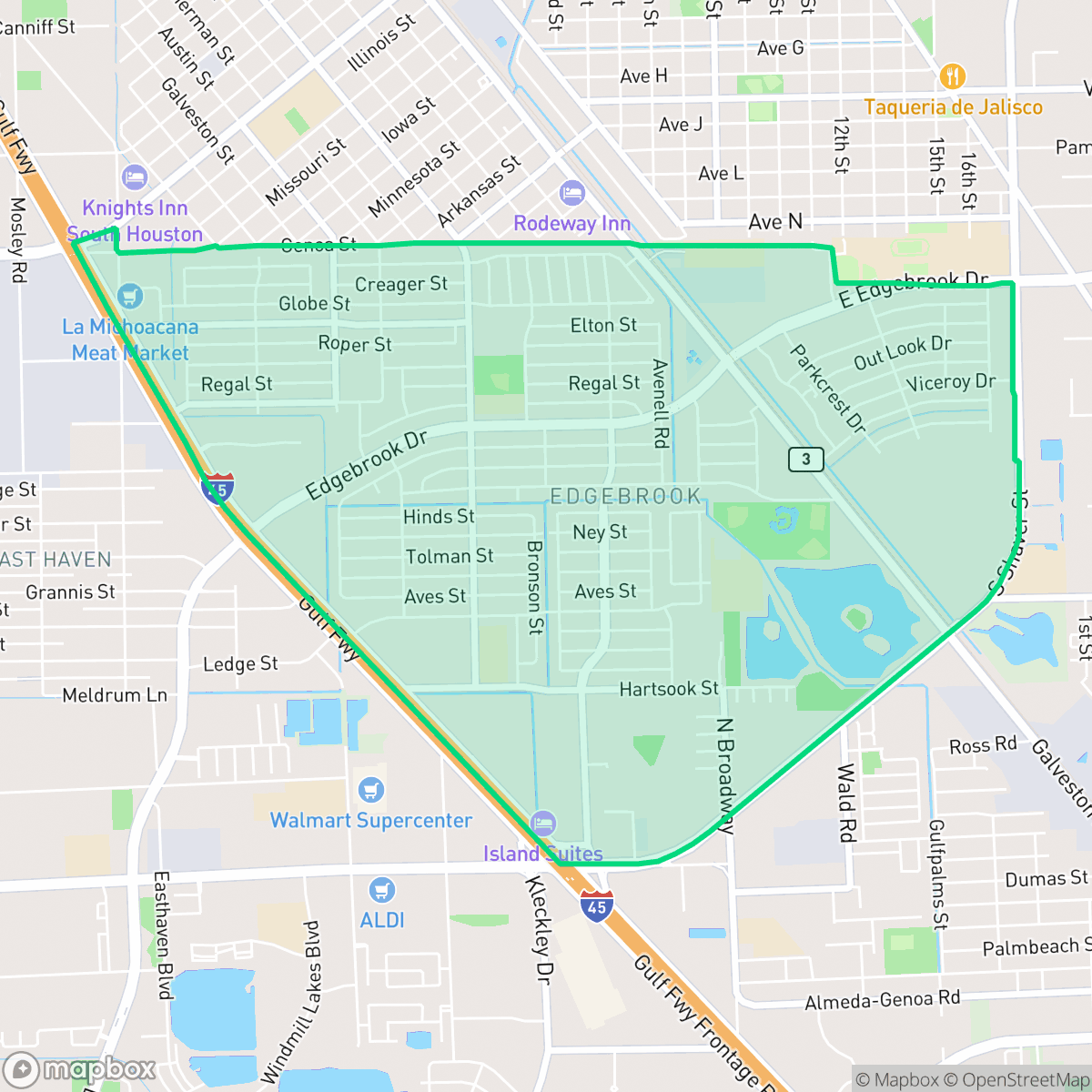 Map showing the location of Edgebrook Area, Houston, TX