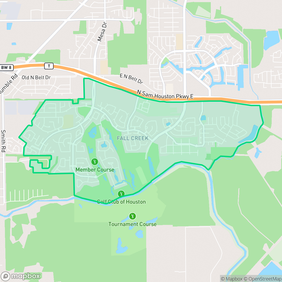 Map showing the location of Fall Creek, Houston, TX
