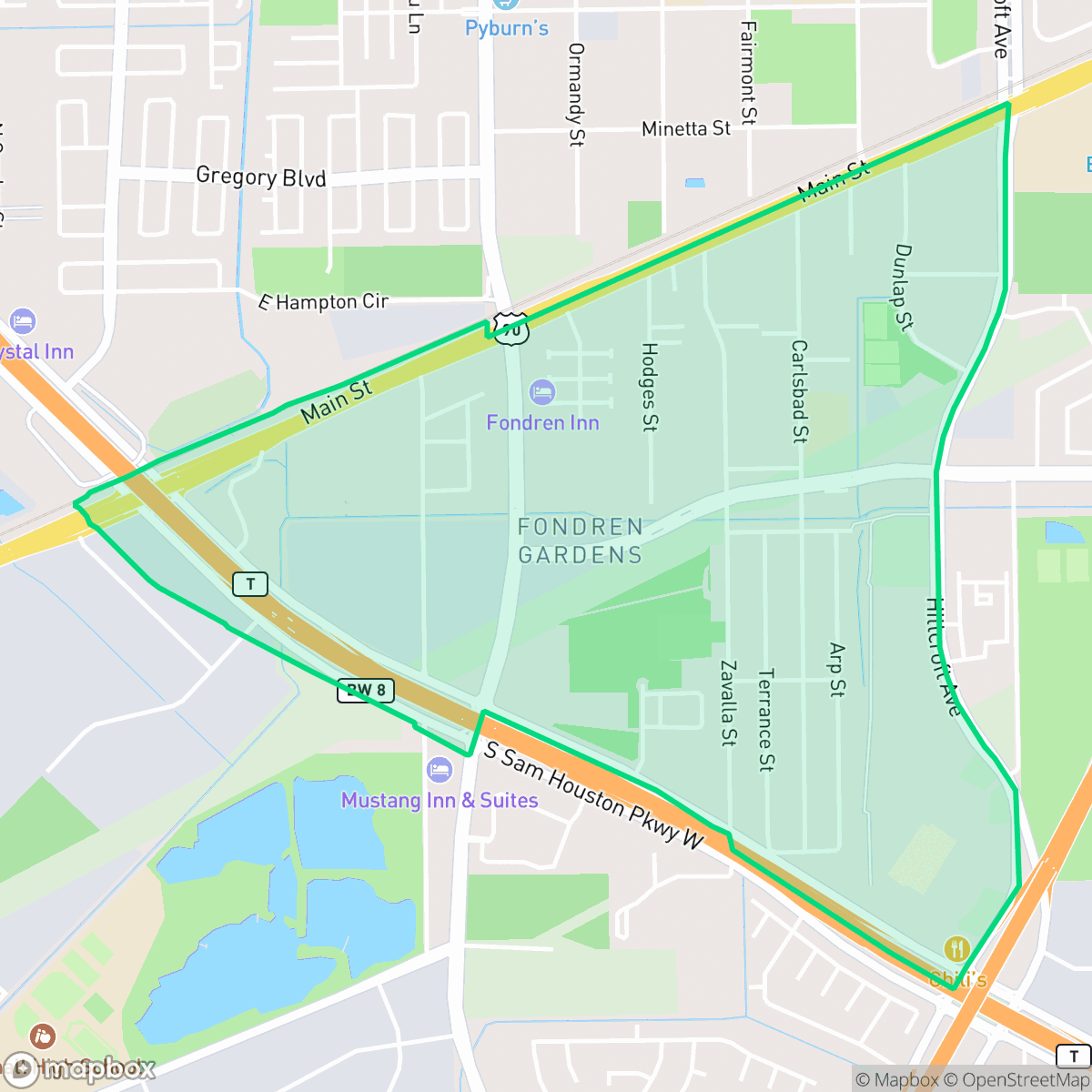 Map showing the location of Fondren Gardens, Houston, TX