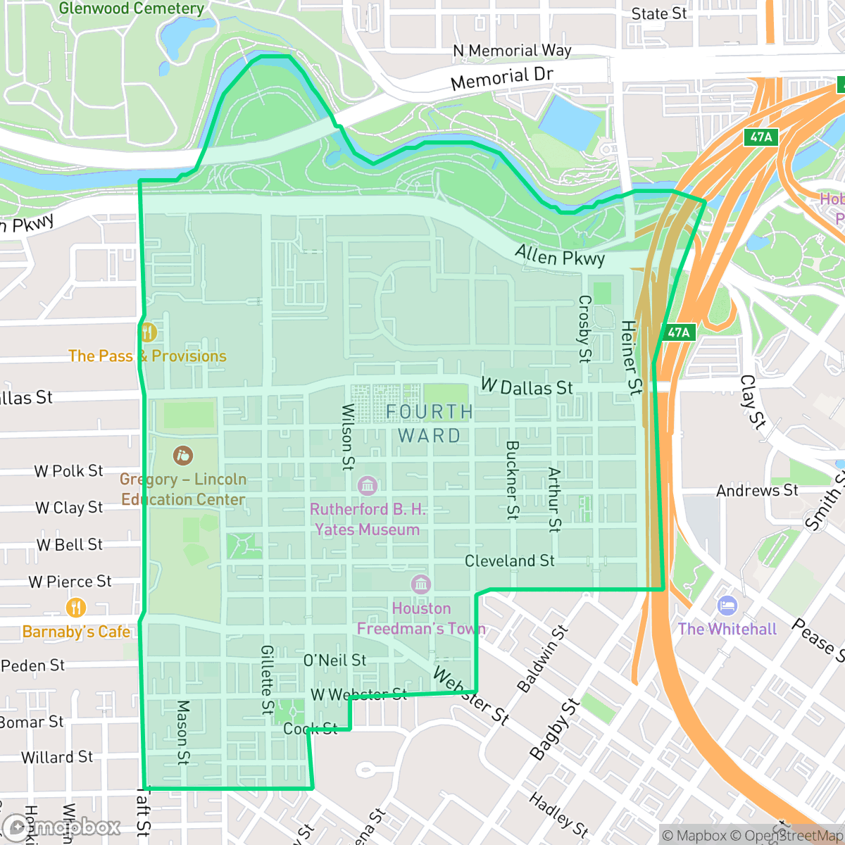 Map showing the location of Fourth Ward, Houston, TX