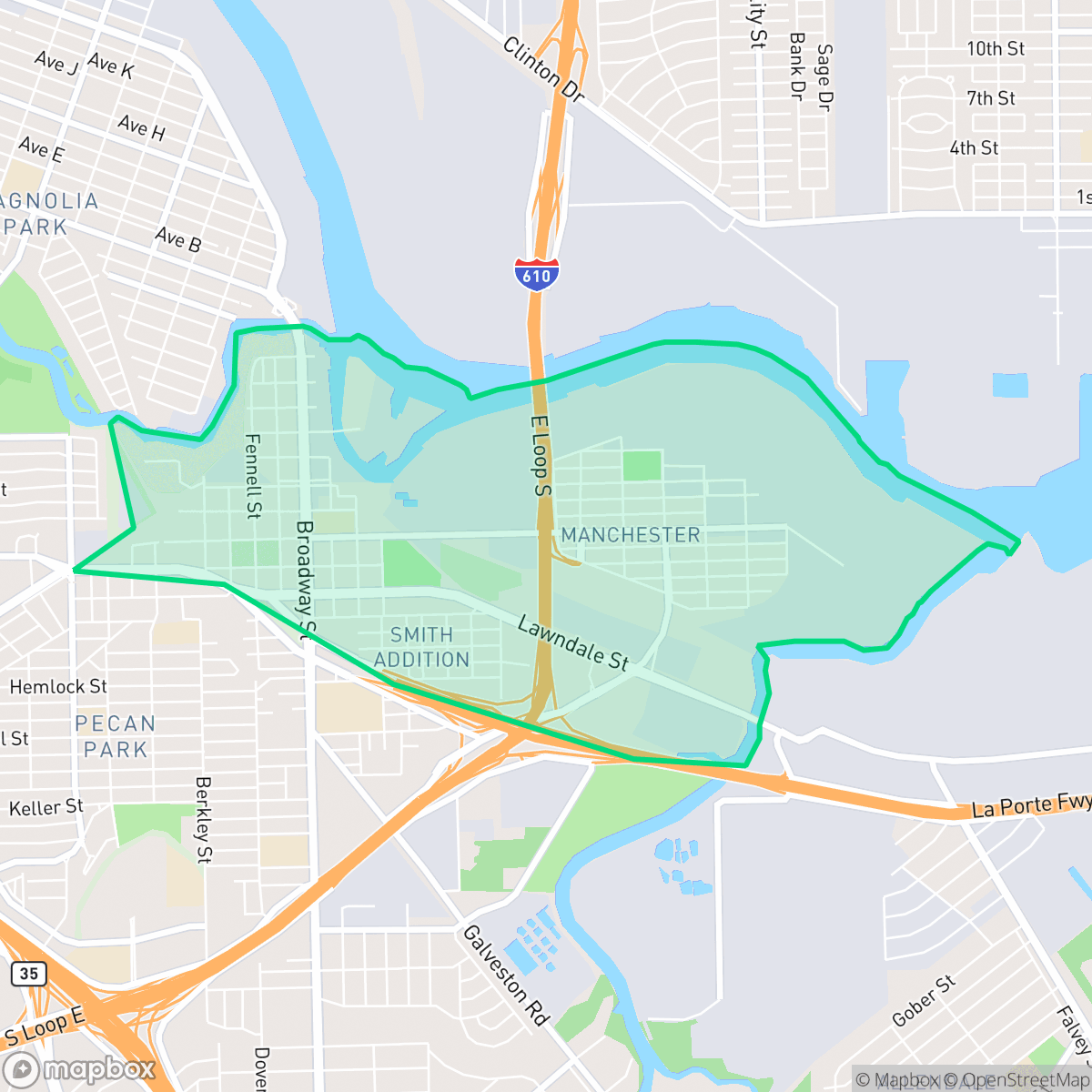 Map showing the location of Harrisburg - Manchester, Houston, TX