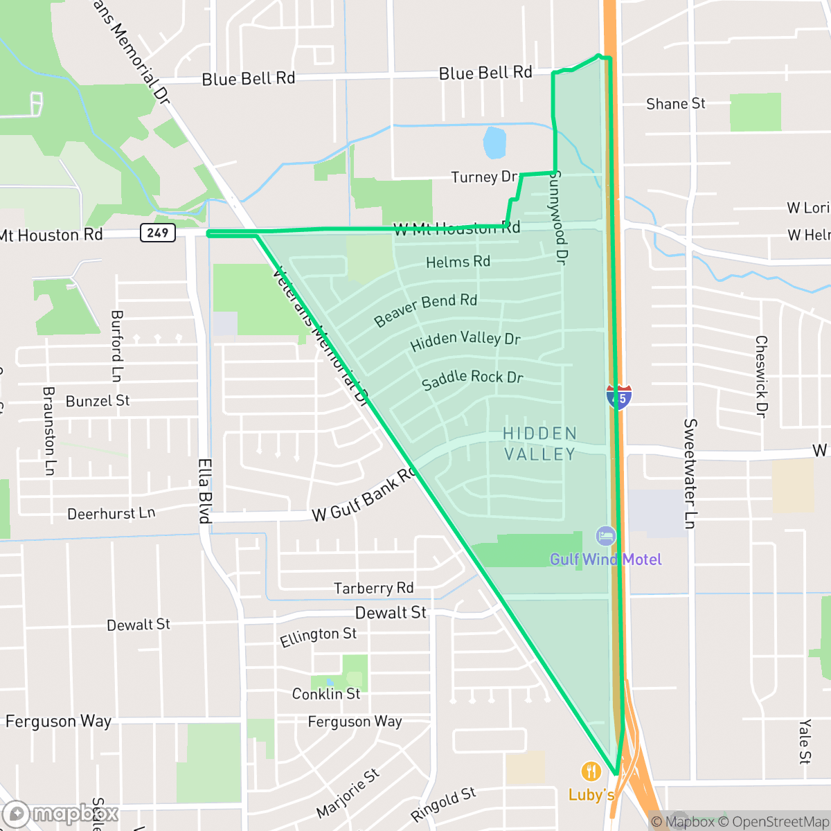 Map showing the location of Hidden Valley, Houston, TX