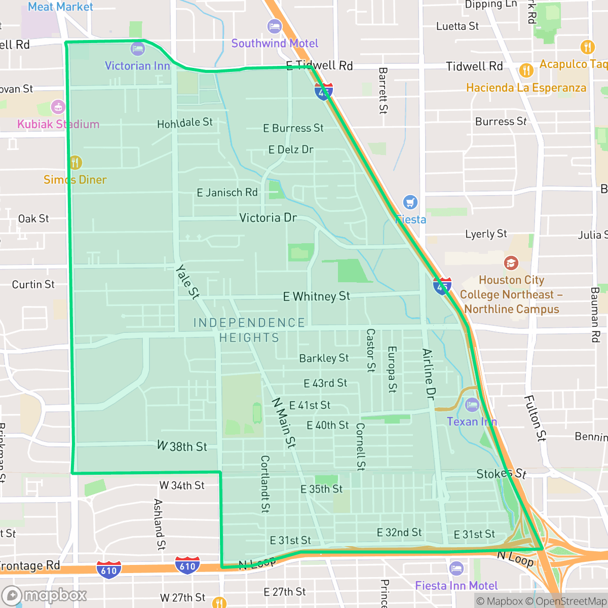 Map showing the location of Independence Heights, Houston, TX