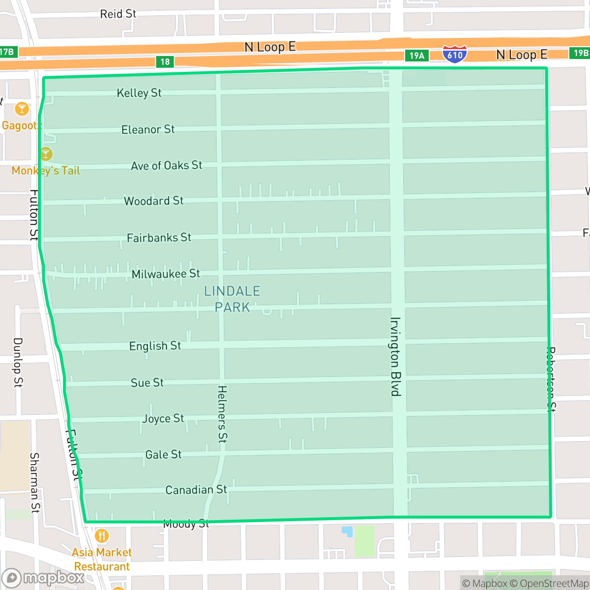 Map showing the location of Lindale Park, Houston, TX