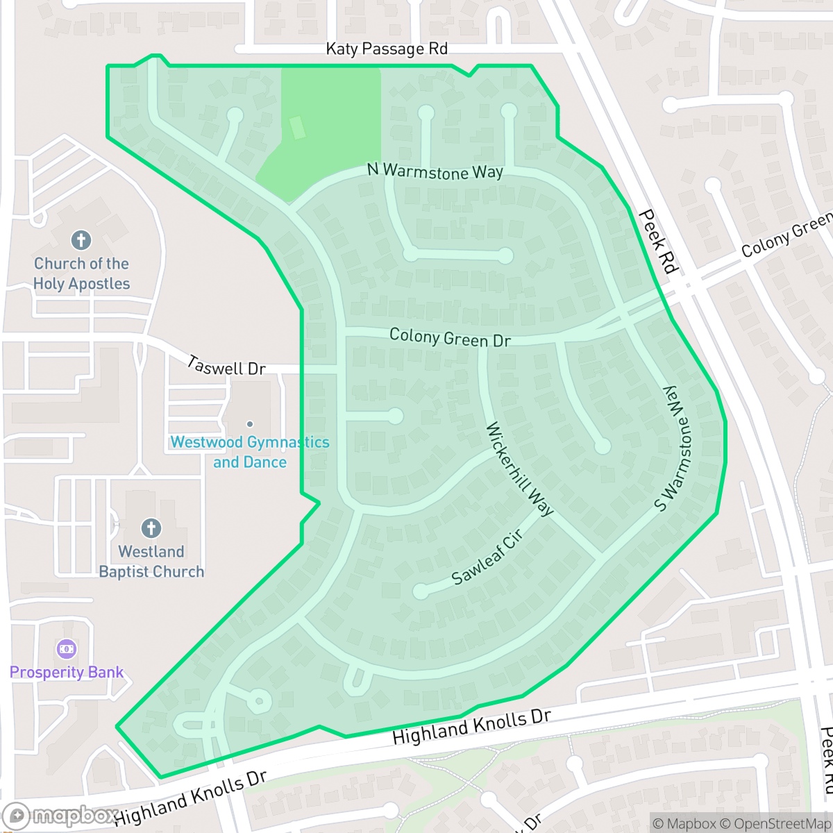 Map showing the location of Meadow Green, Houston, TX