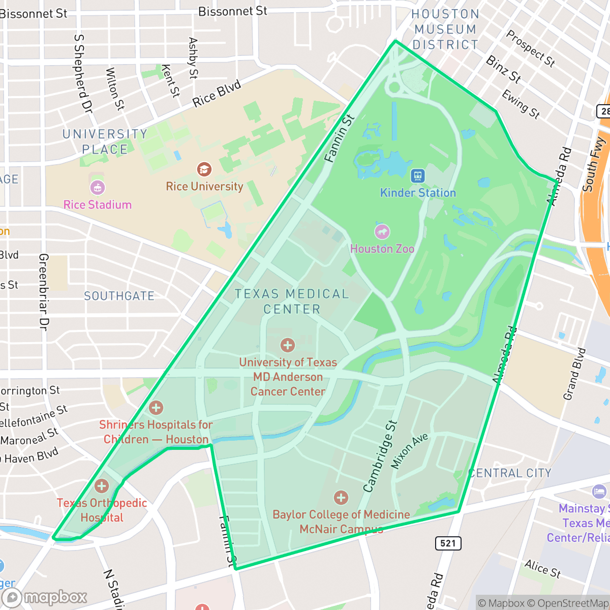 Map showing the location of Medical Center Area, Houston, TX
