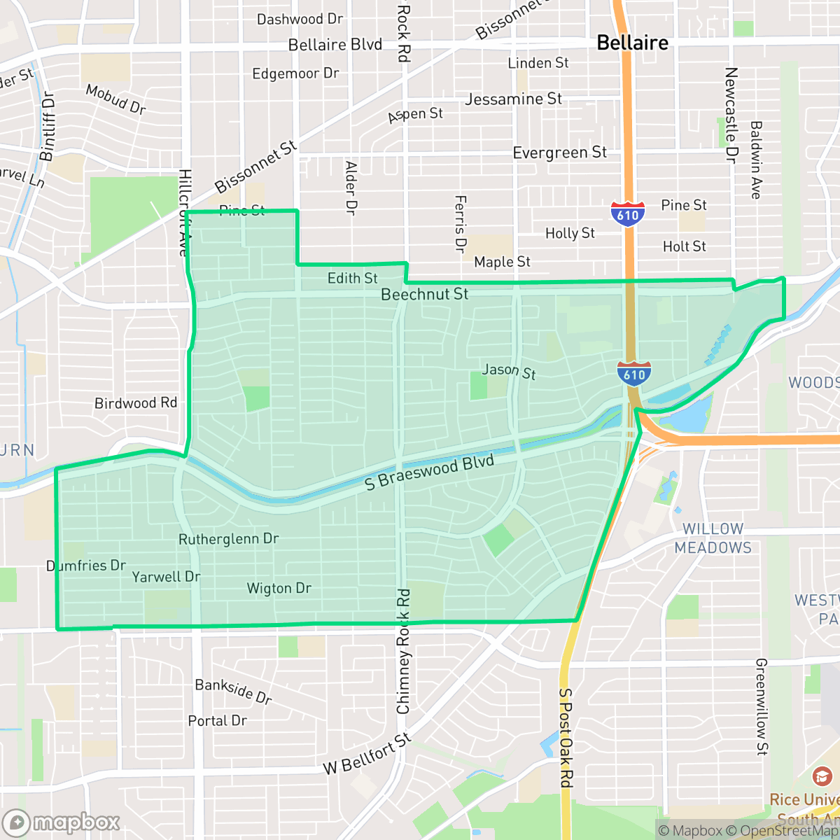 Map showing the location of Meyerland Area, Houston, TX