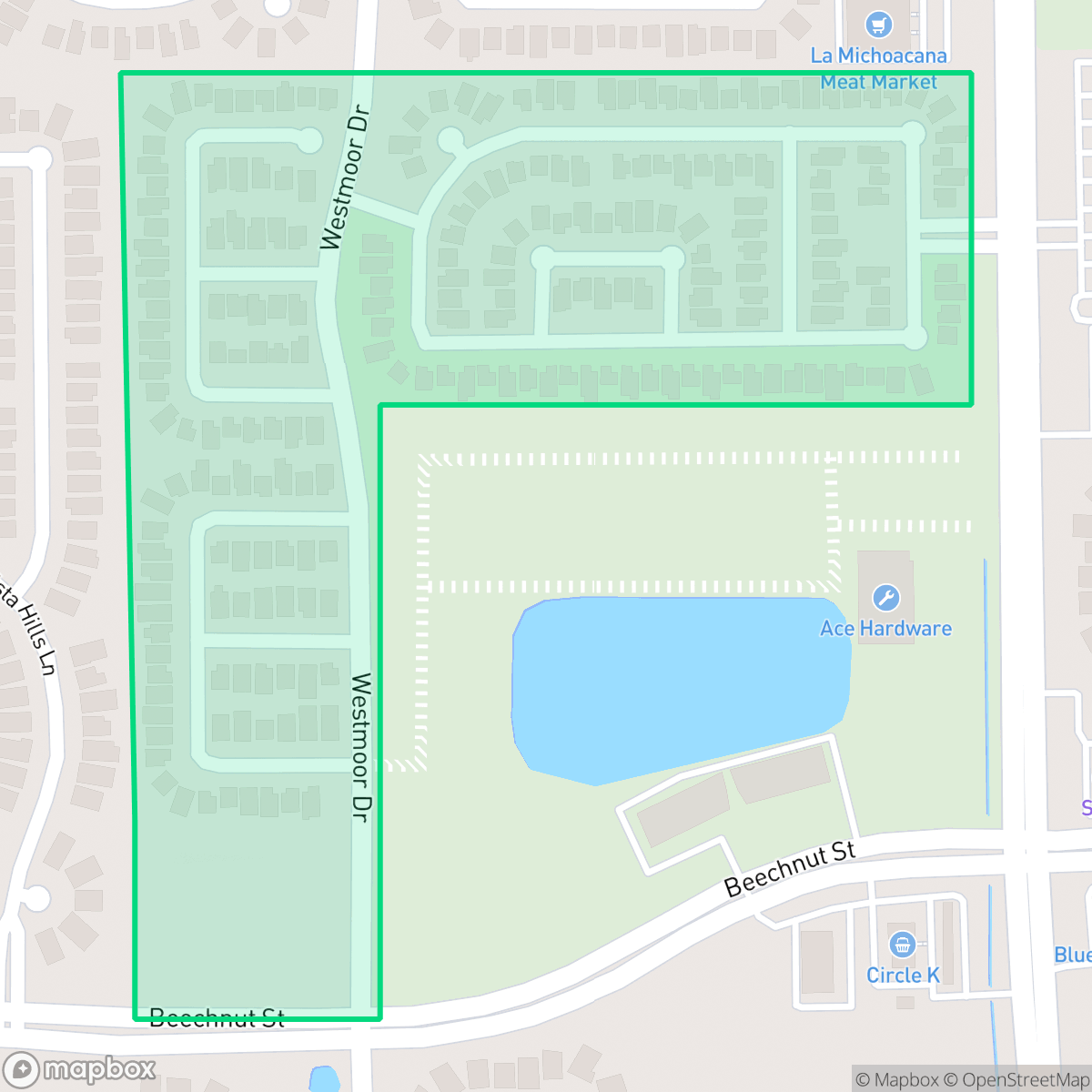 Map showing the location of Mission Oaks, Houston, TX