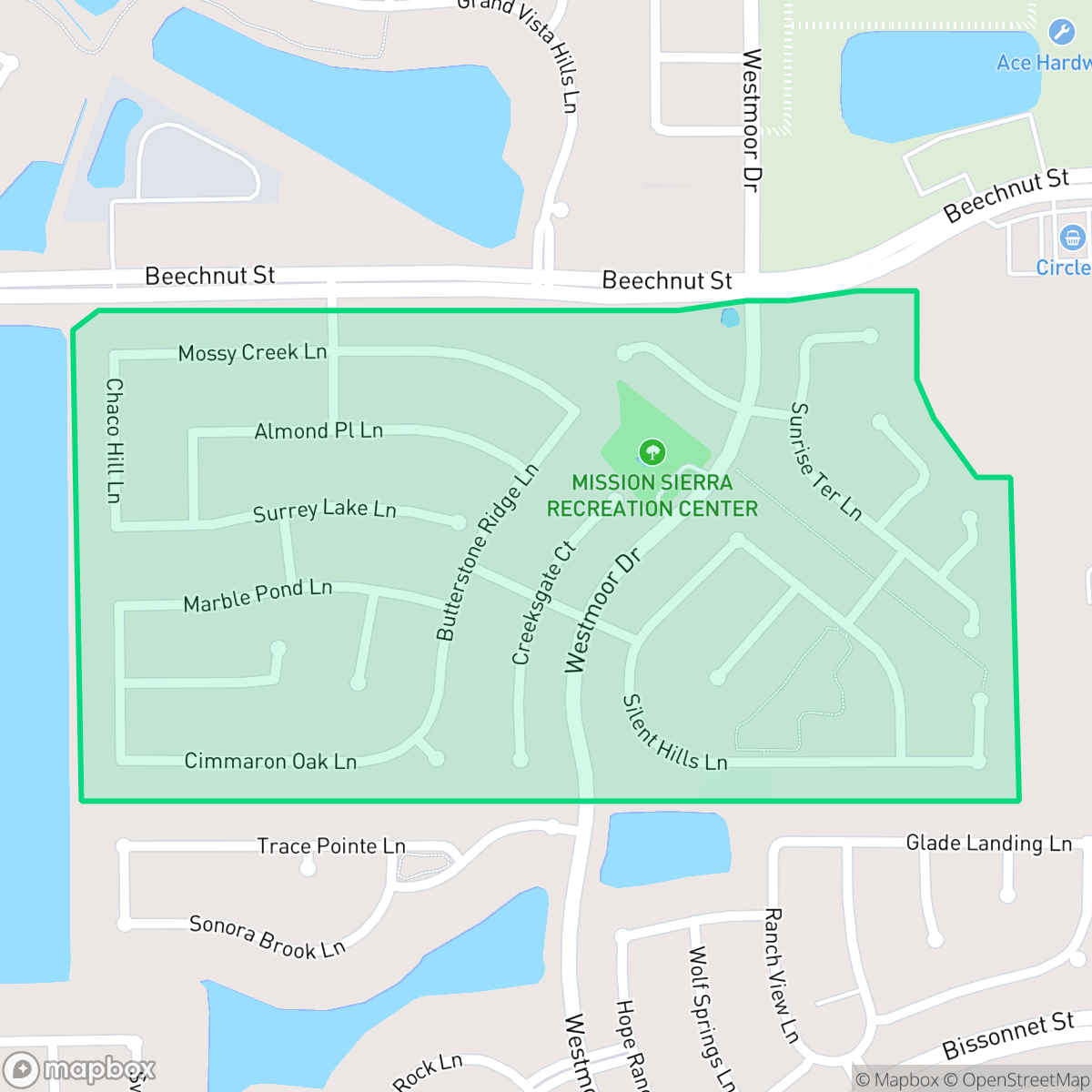 Map showing the location of Misson Sierra, Houston, TX