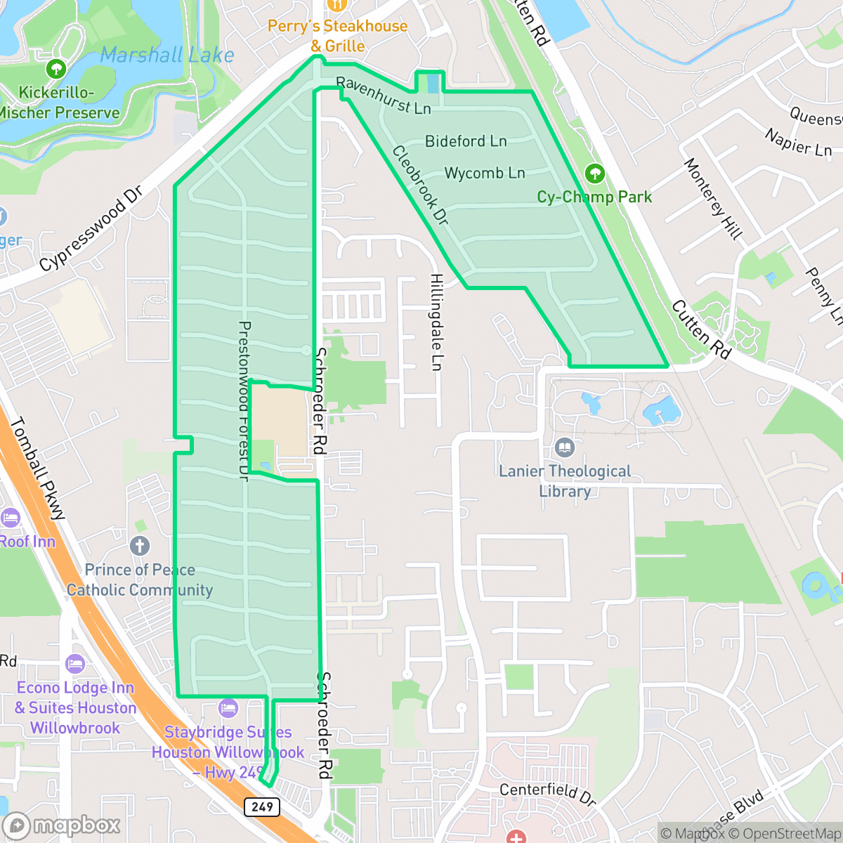 Map showing the location of Prestonwood Forest, Houston, TX