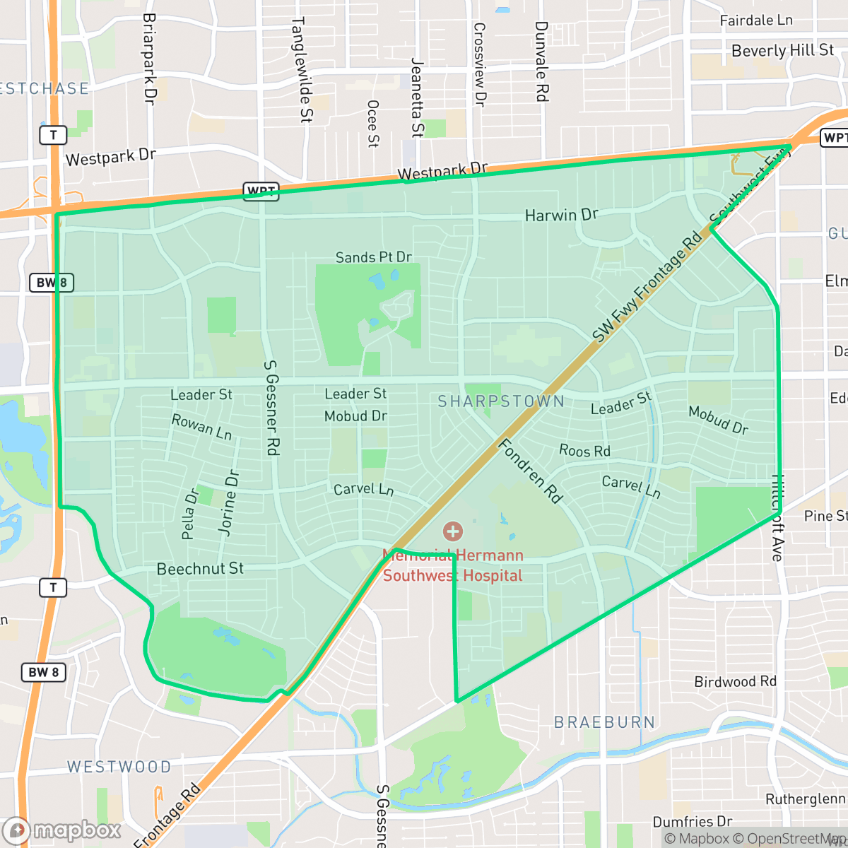 Map showing the location of Sharpstown, Houston, TX