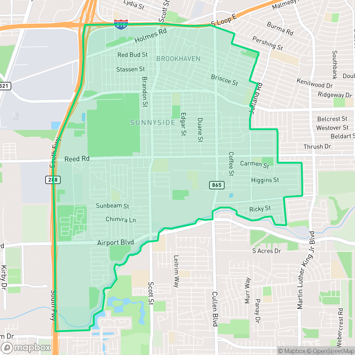 Map showing the location of Sunnyside, Houston, TX