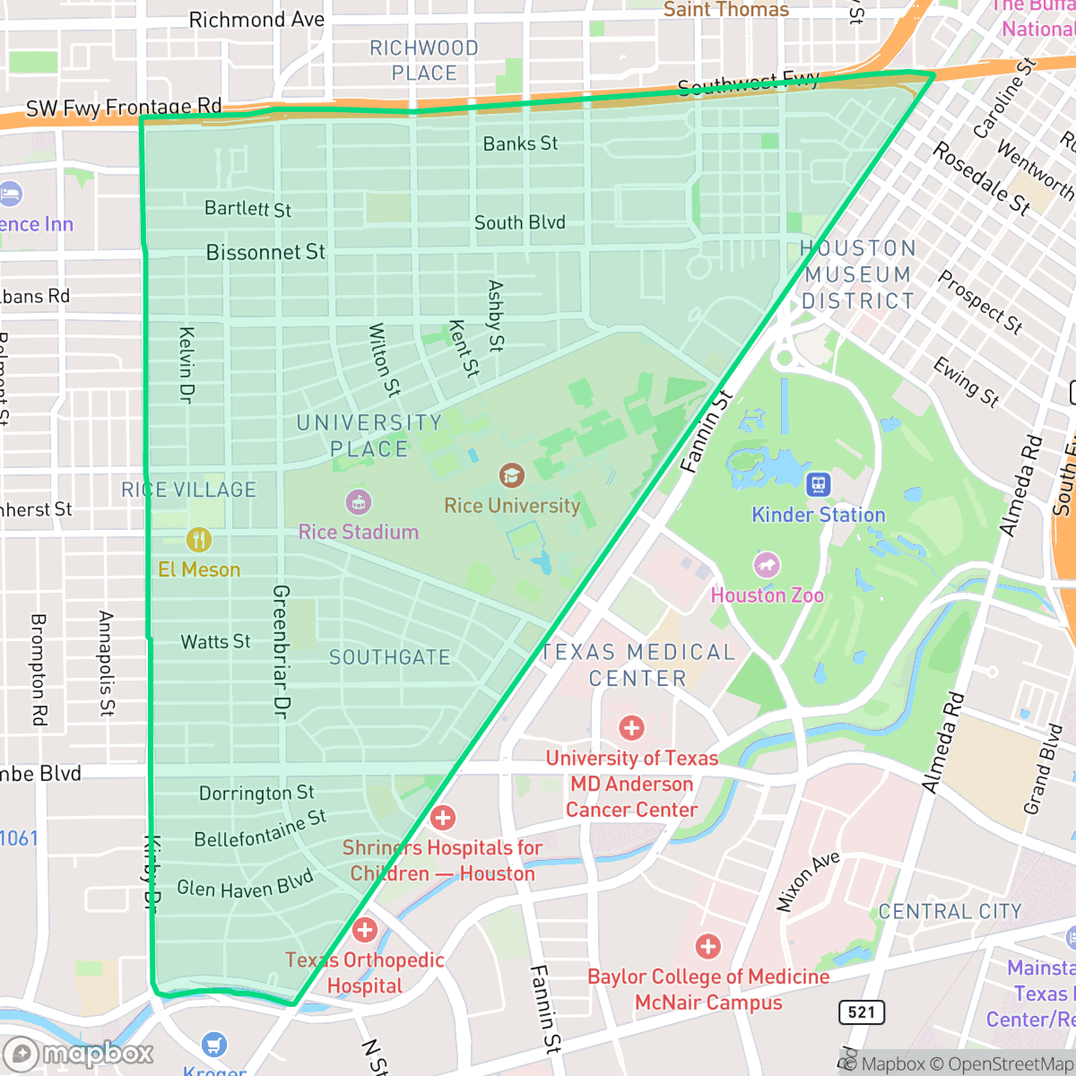 Map showing the location of University Place, Houston, TX