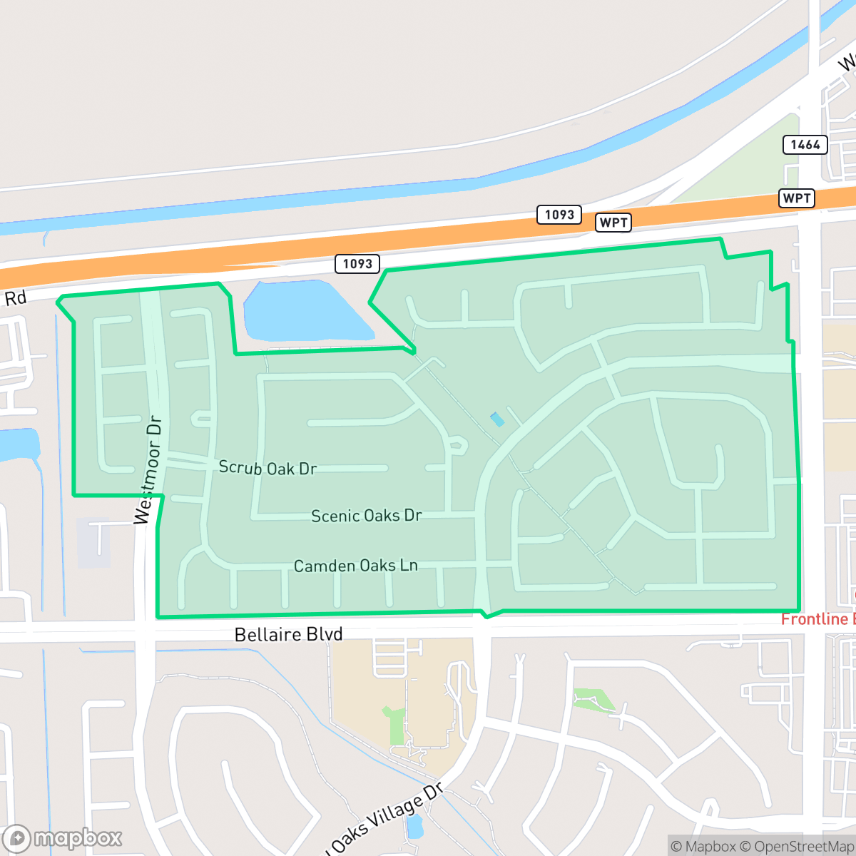 Map showing the location of West Oaks Village, Houston, TX