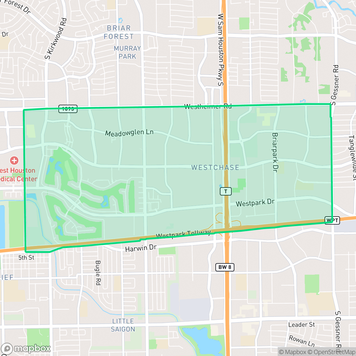 Map showing the location of Westchase, Houston, TX