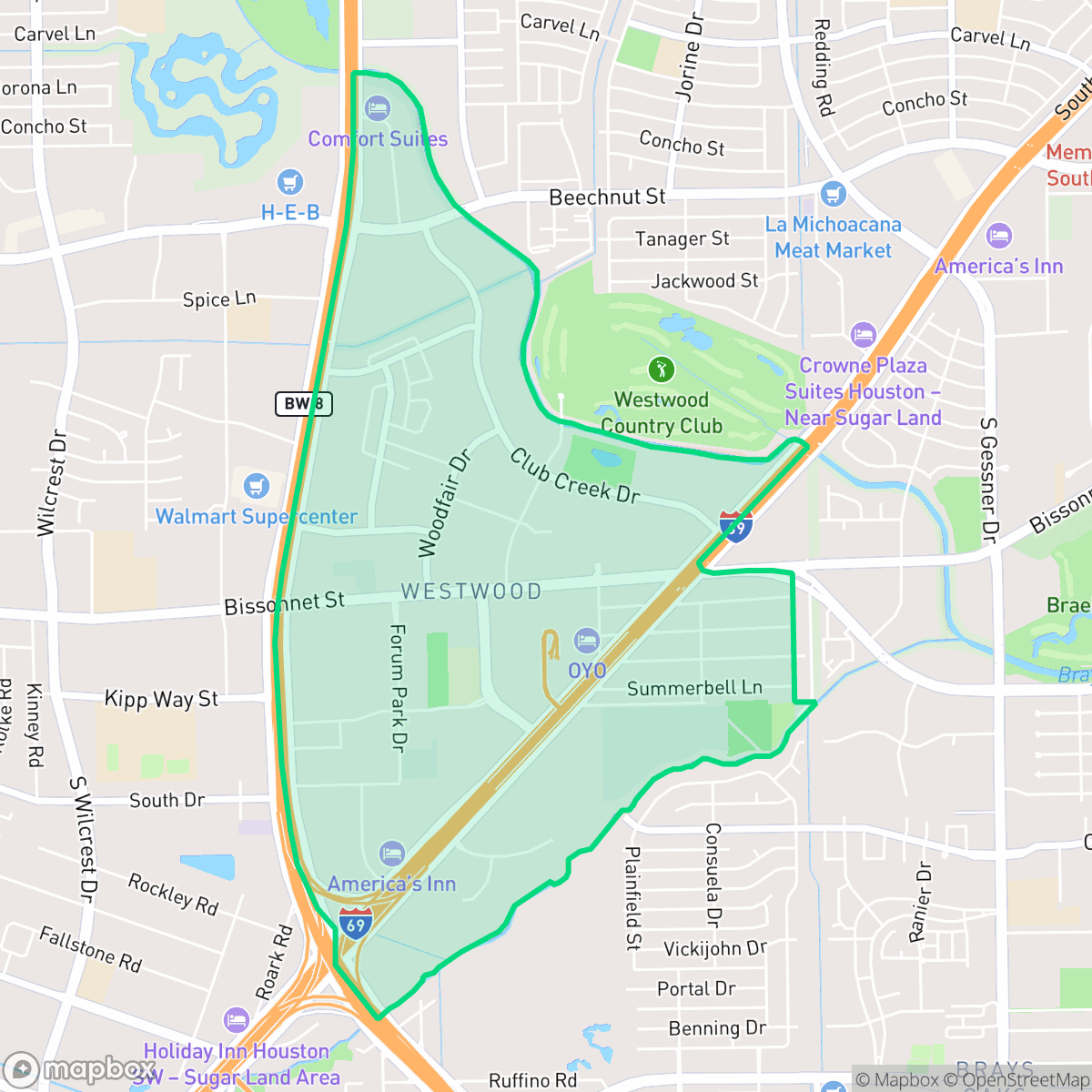 Map showing the location of Westwood, Houston, TX