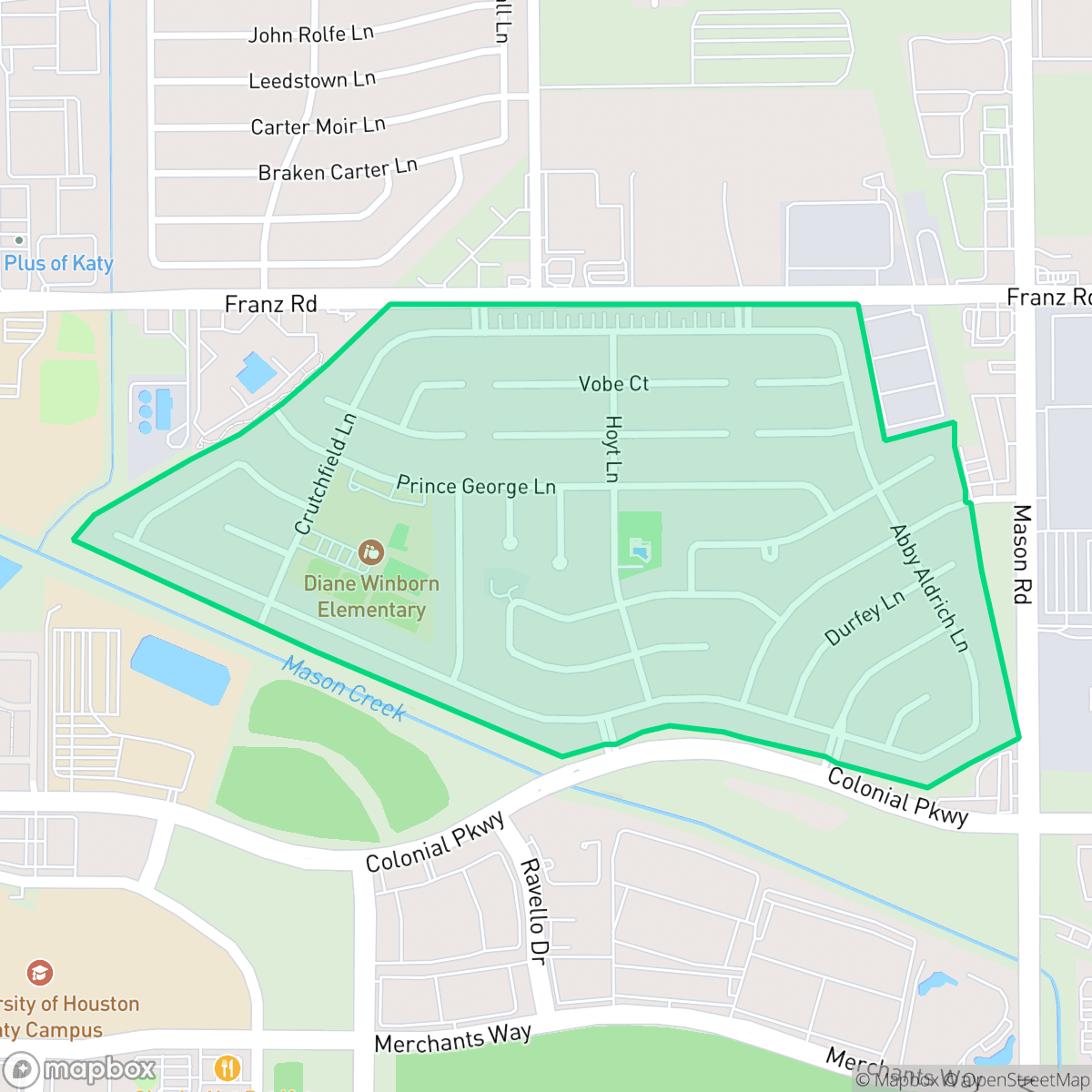 Map showing the location of Williamsburg Settlement, Houston, TX