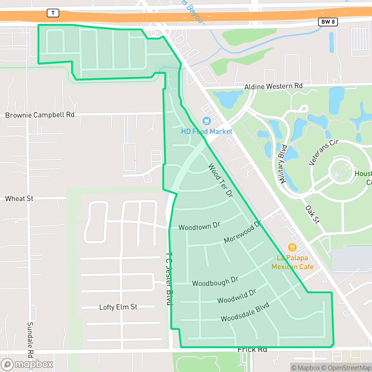 Map showing the location of Woodgate, Houston, TX