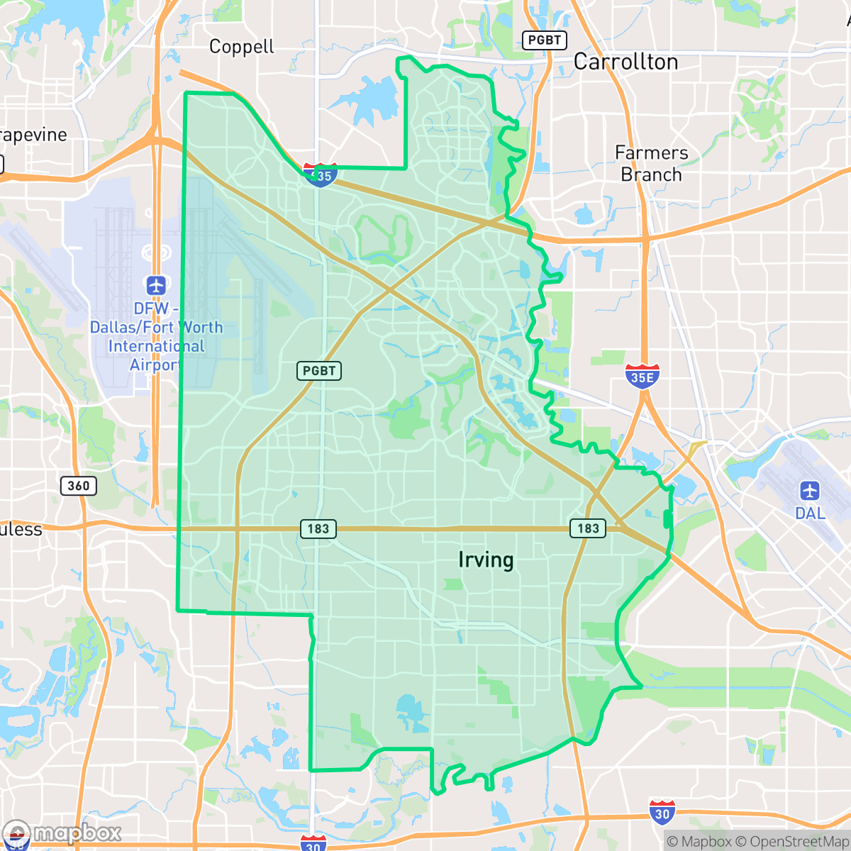 Map showing the location of Irving, TX — coverage area