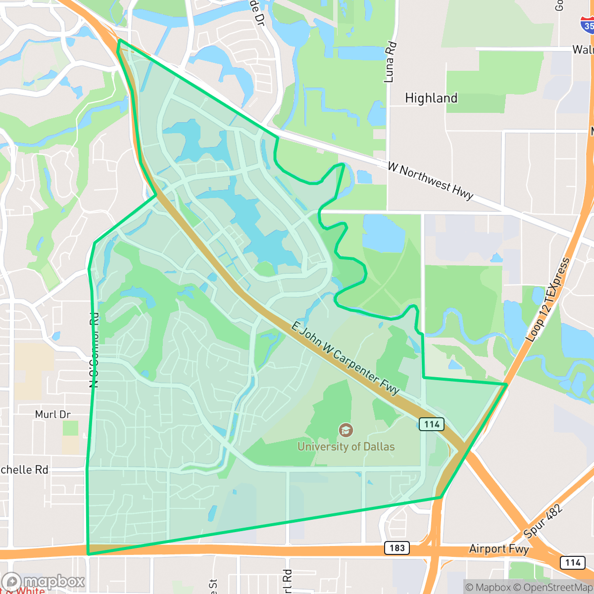 Map showing the location of Las Colinas Urban Center, Irving, TX