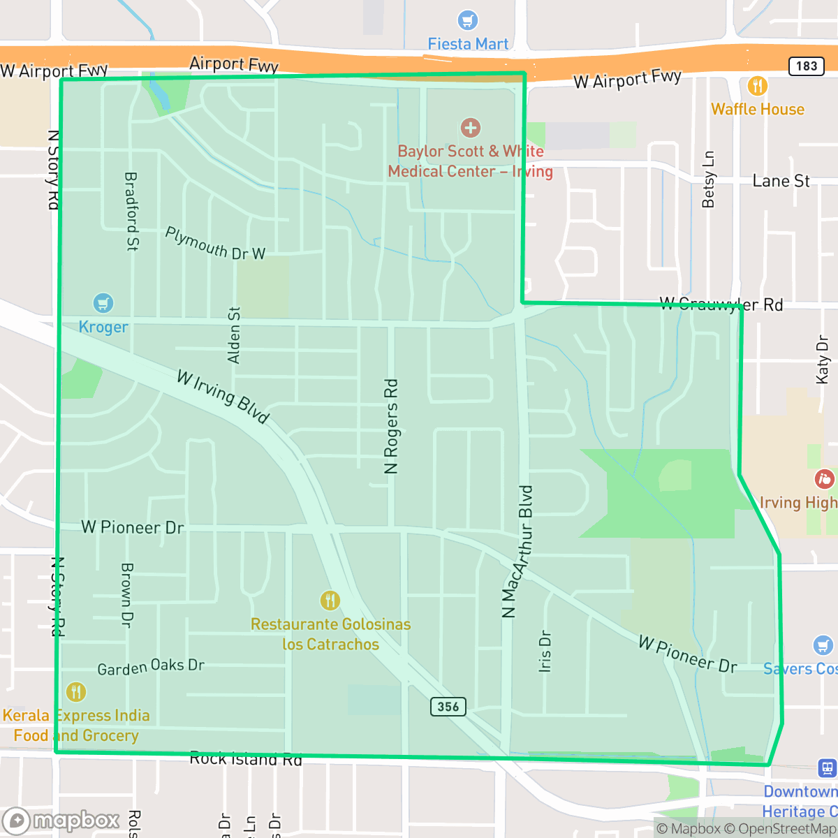 Map showing the location of Plymouth Park, Irving, TX