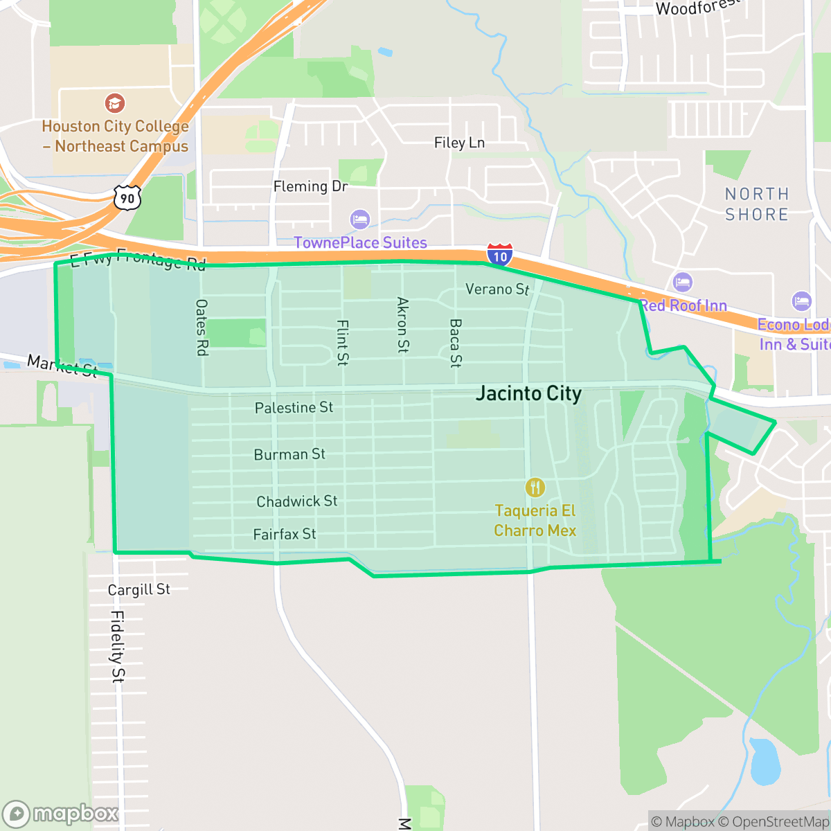 Map showing the location of Jacinto City, TX — coverage area