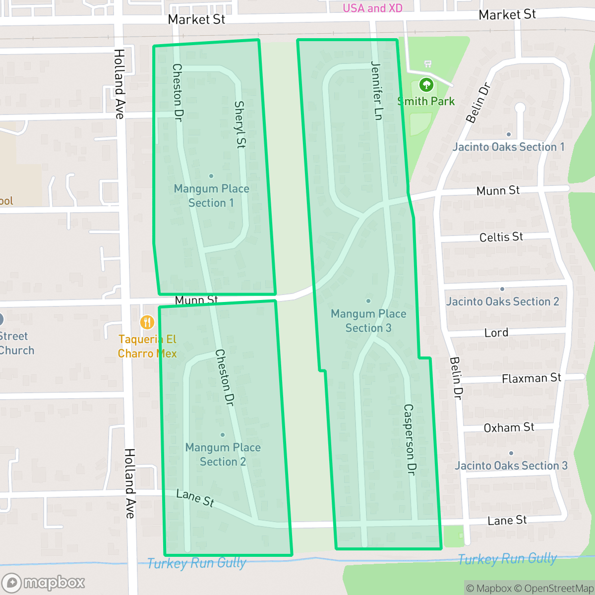 Map showing the location of Mangum Place, Jacinto City, TX
