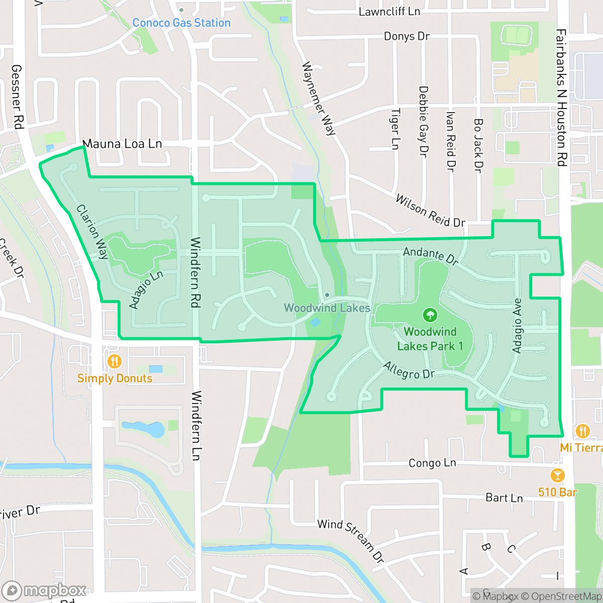 Map showing the location of Woodwind Lakes, Jersey Village, TX