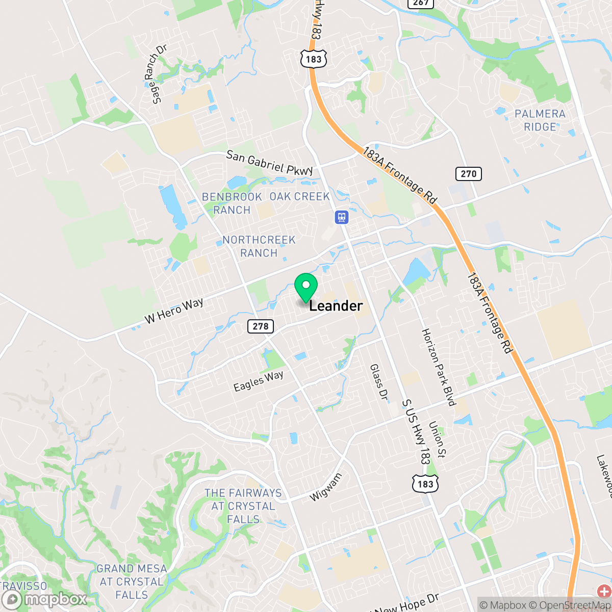 Map showing the location of Leander, TX — coverage area