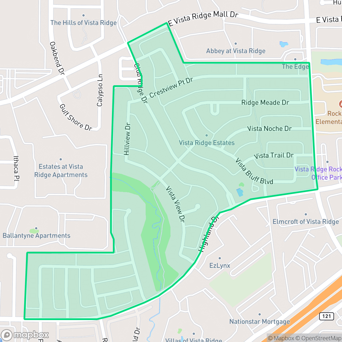 Map showing the location of Vista Ridge, Lewisville, TX