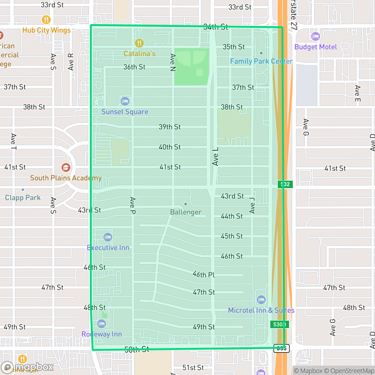 Map showing the location of Ballenger, Lubbock, TX