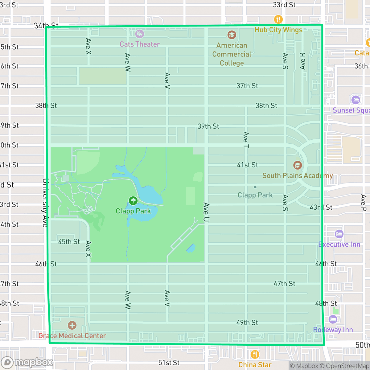 Map showing the location of Clapp Park, Lubbock, TX