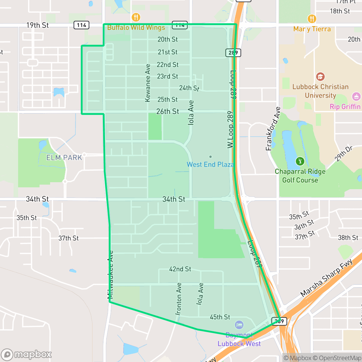 Map showing the location of West End, Lubbock, TX