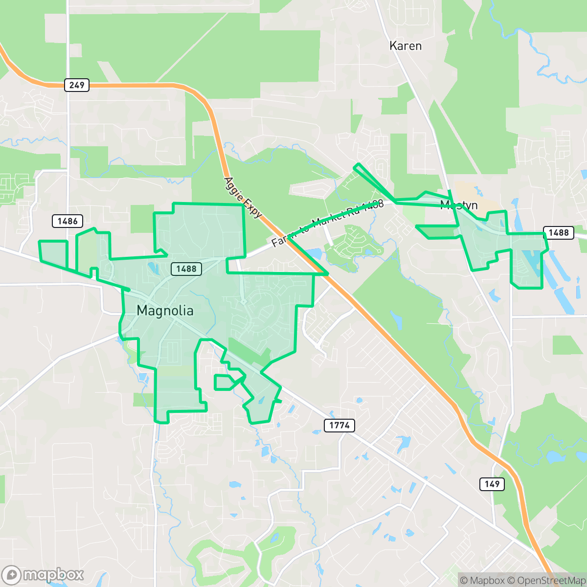 Map showing the location of Magnolia, TX — coverage area