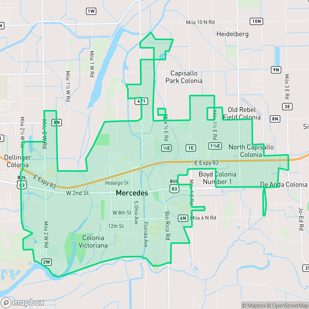 Map showing the location of Mercedes, TX — coverage area