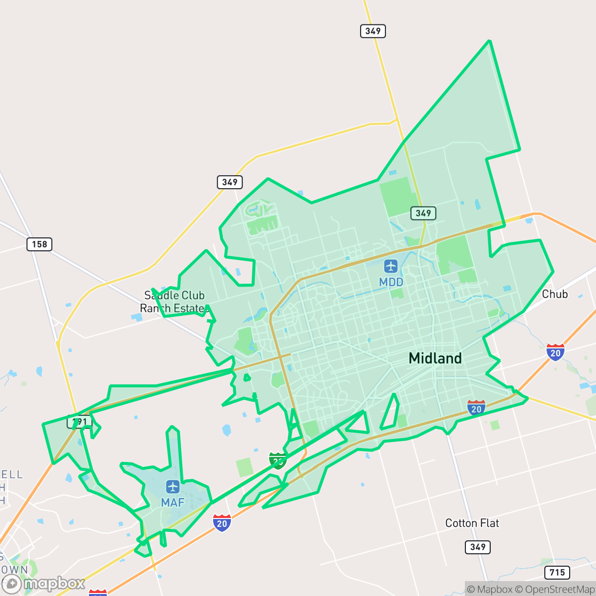 Map showing the location of Midland, TX — coverage area