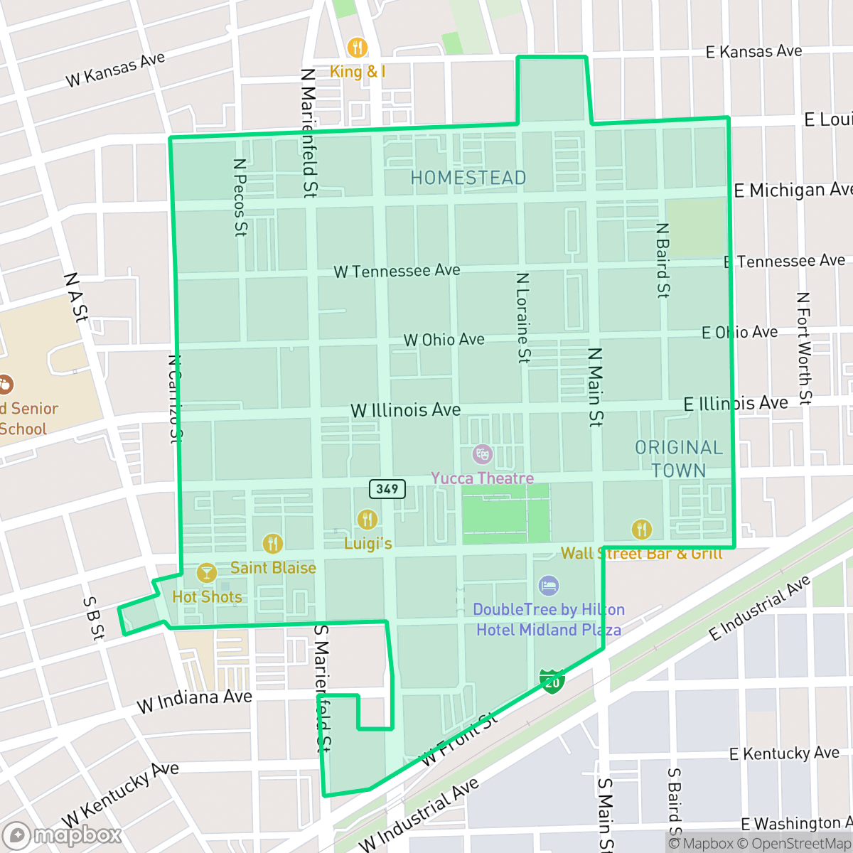 Map showing the location of Downtown Midland Management District, Midland, TX