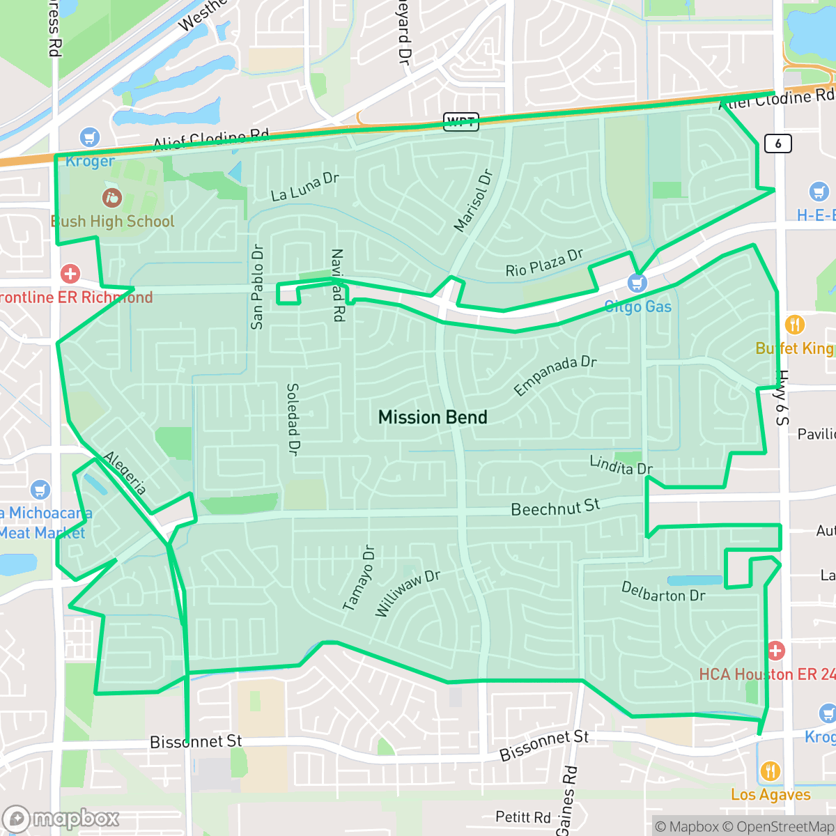 Map showing the location of Mission Bend, TX — coverage area