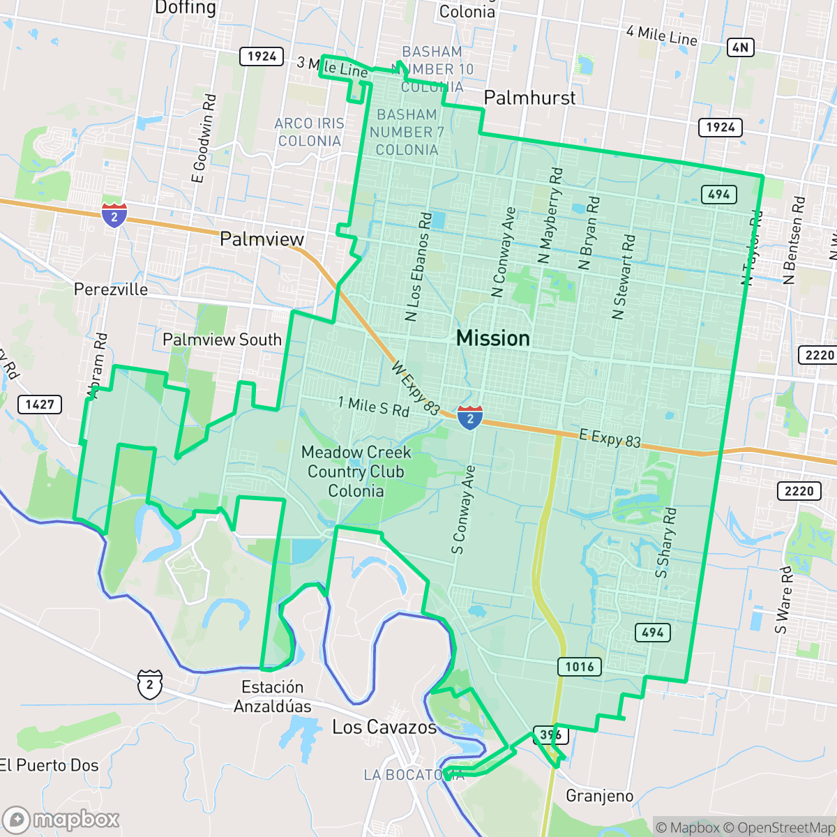 Map showing the location of Mission, TX — coverage area