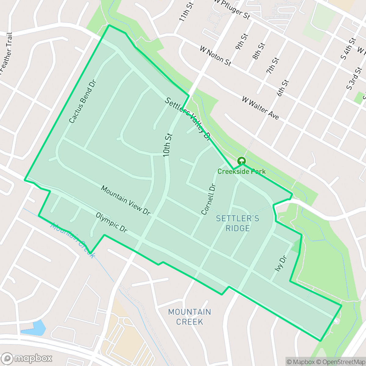 Map showing the location of Settlers Ridge, Pflugerville, TX