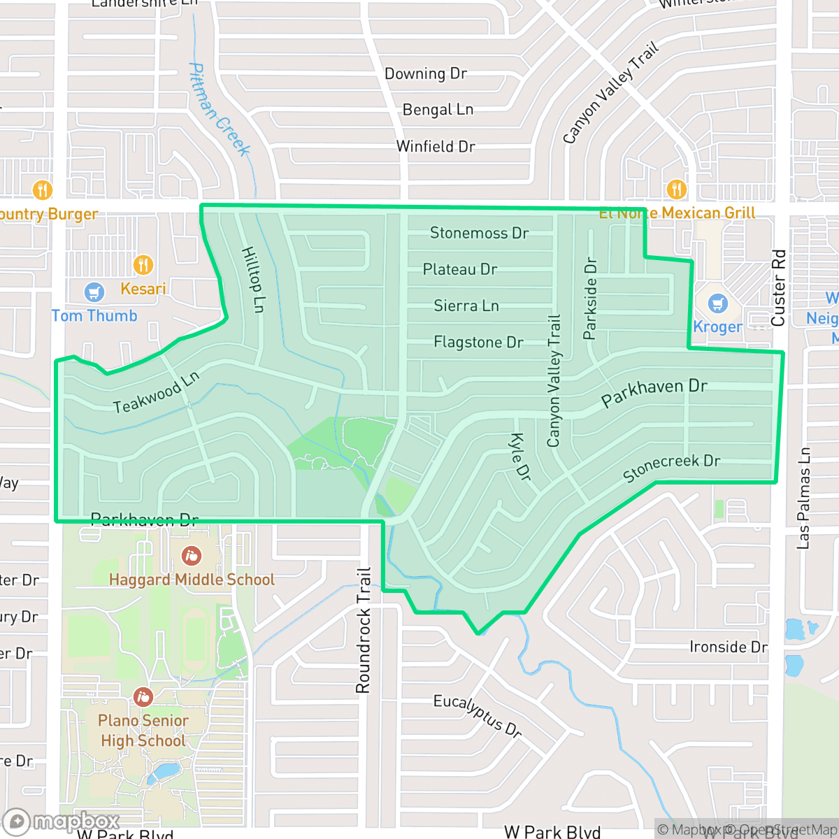 Map showing the location of Caddo Park, Plano, TX